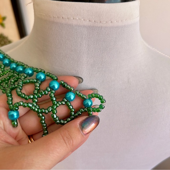 Handcrafted Beaded Choker Sea Green Green & Aqua Mermaid Boho Necklace - Picture 8 of 9